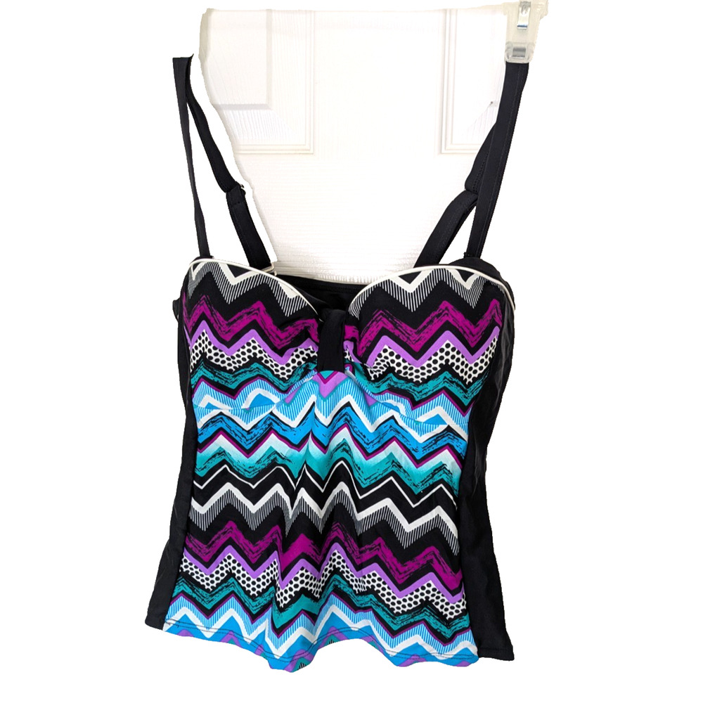 Womens Tankini Black/Multi Small Swimwear Top Underwire Detachable Straps